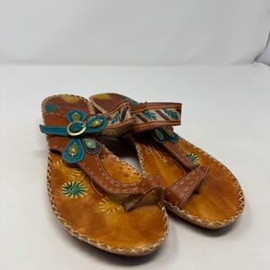 Spring Step LArtiste Santorini Leather Floral Wedge Sandals Brown Teal 41